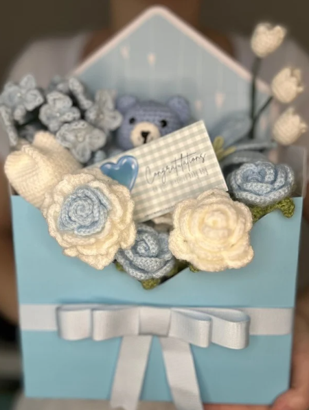 Blue Crochet Flower Bouquet for Baby Boy