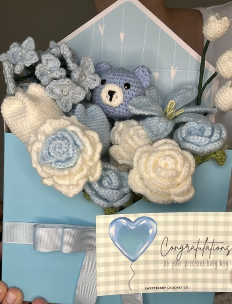 Blue Crochet Flower Bouquet for Baby Boy